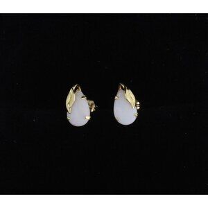 14k Yellow Gold Natural Opal Leaf Design Earrings Stud Post 3/8" x 1/4"